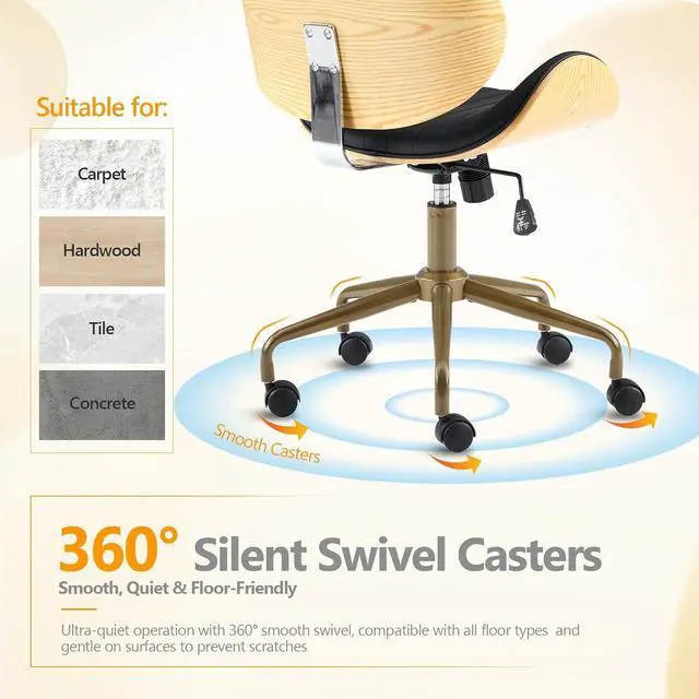 Alt view image 4 of 7 - VINGLI Wide Comfotable Swivel Home Office Chair with Wood-Grain Curved Shell,Ergomomic Mid-Back Padded Armless Rolling Desk Chair with Wheels,Height Adjustable for Computer,Task,Work,PU Leather,Black