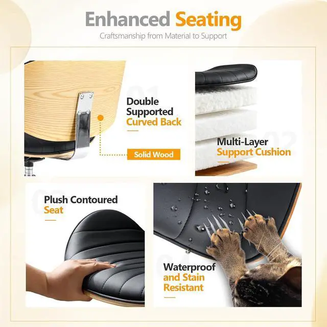 Alt view image 6 of 7 - VINGLI Wide Comfotable Swivel Home Office Chair with Wood-Grain Curved Shell,Ergomomic Mid-Back Padded Armless Rolling Desk Chair with Wheels,Height Adjustable for Computer,Task,Work,PU Leather,Black