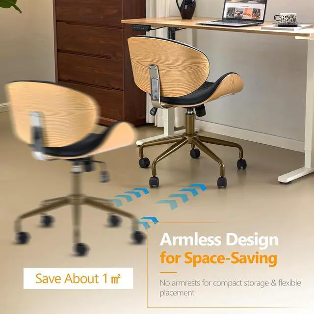 Alt view image 5 of 7 - VINGLI Wide Comfotable Swivel Home Office Chair with Wood-Grain Curved Shell,Ergomomic Mid-Back Padded Armless Rolling Desk Chair with Wheels,Height Adjustable for Computer,Task,Work,PU Leather,Black