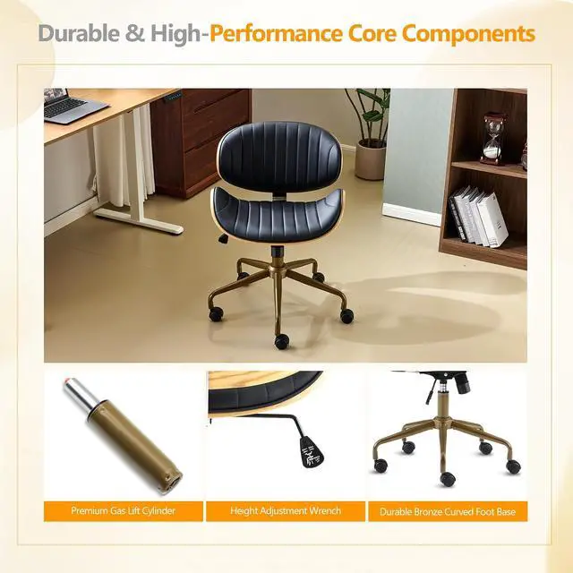 Alt view image 7 of 7 - VINGLI Wide Comfotable Swivel Home Office Chair with Wood-Grain Curved Shell,Ergomomic Mid-Back Padded Armless Rolling Desk Chair with Wheels,Height Adjustable for Computer,Task,Work,PU Leather,Black