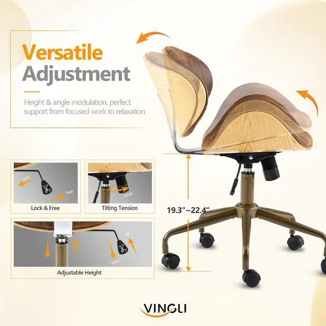 Alt view image 3 of 7 - VINGLI Wide Comfotable Swivel Home Office Chair with Wood-Grain Curved Shell,Ergomomic Mid-Back Padded Armless Modern Desk Chair with Wheels,Height Adjustable for Computer,Task,Work,Microfiber,Rustic