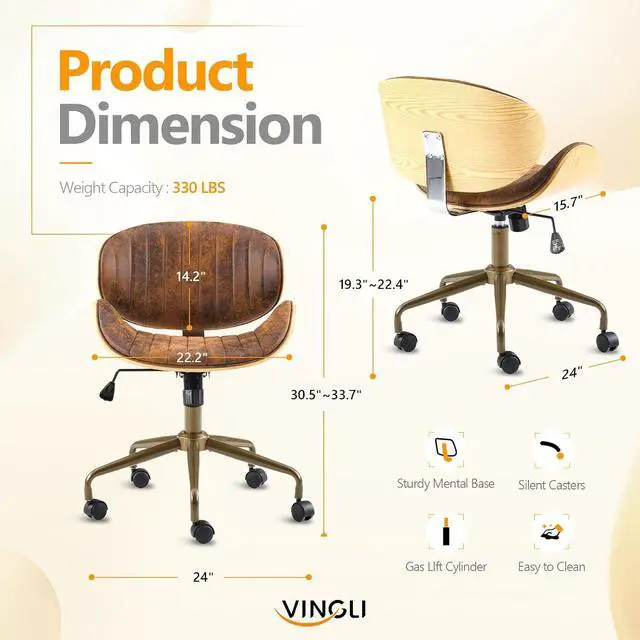 Alt view image 2 of 7 - VINGLI Wide Comfotable Swivel Home Office Chair with Wood-Grain Curved Shell,Ergomomic Mid-Back Padded Armless Modern Desk Chair with Wheels,Height Adjustable for Computer,Task,Work,Microfiber,Rustic
