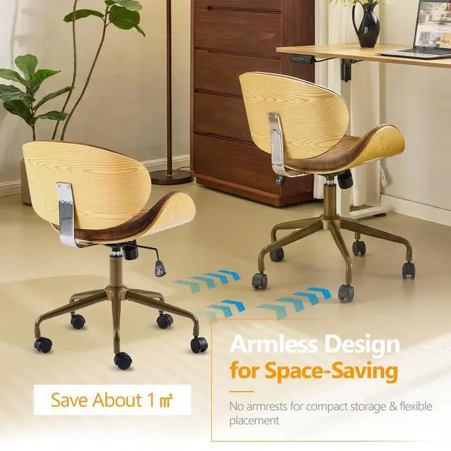Alt view image 5 of 7 - VINGLI Wide Comfotable Swivel Home Office Chair with Wood-Grain Curved Shell,Ergomomic Mid-Back Padded Armless Modern Desk Chair with Wheels,Height Adjustable for Computer,Task,Work,Microfiber,Rustic