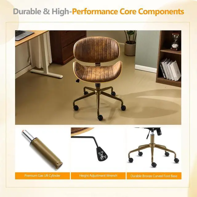 Alt view image 7 of 7 - VINGLI Wide Comfotable Swivel Home Office Chair with Wood-Grain Curved Shell,Ergomomic Mid-Back Padded Armless Modern Desk Chair with Wheels,Height Adjustable for Computer,Task,Work,Microfiber,Rustic