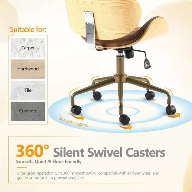 Alt view image 4 of 7 - VINGLI Wide Comfotable Swivel Home Office Chair with Wood-Grain Curved Shell,Ergomomic Mid-Back Padded Armless Modern Desk Chair with Wheels,Height Adjustable for Computer,Task,Work,Microfiber,Rustic