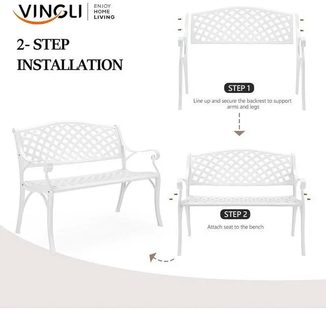 Alt view image 6 of 7 - VINGLI 40.5" Patio Garden Bench,Anti- Rust Cast Iron Cast Aluminum Frame for Outdoor Path Yard Lawn Work Entryway Decor Deck (White)