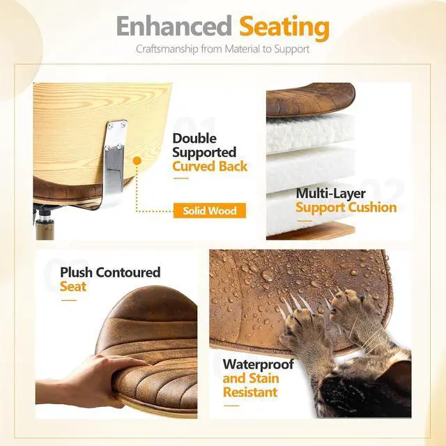 Alt view image 6 of 7 - VINGLI Wide Comfotable Swivel Home Office Chair with Wood-Grain Curved Shell,Ergomomic Mid-Back Padded Armless Modern Desk Chair with Wheels,Height Adjustable for Computer,Task,Work,Microfiber,Rustic
