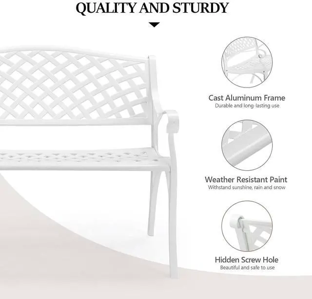 Alt view image 5 of 7 - VINGLI 40.5" Patio Garden Bench,Anti- Rust Cast Iron Cast Aluminum Frame for Outdoor Path Yard Lawn Work Entryway Decor Deck (White)