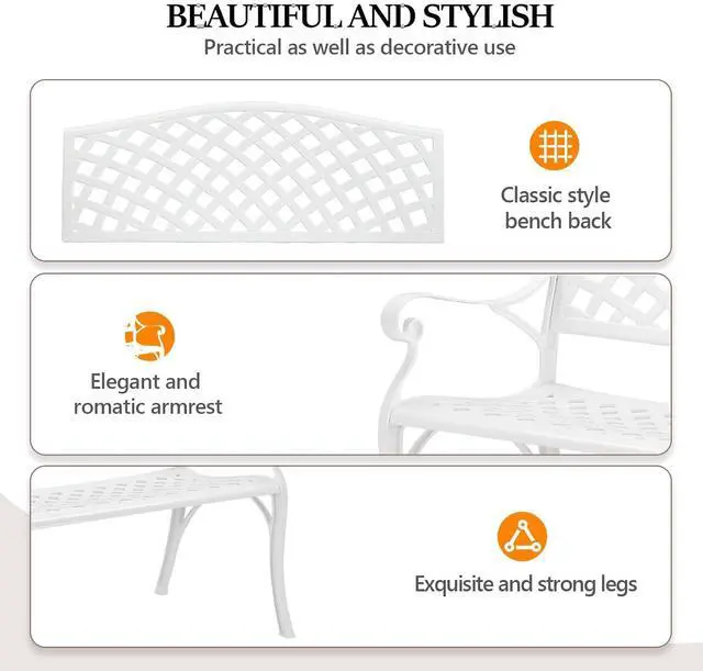 Alt view image 4 of 7 - VINGLI 40.5" Patio Garden Bench,Anti- Rust Cast Iron Cast Aluminum Frame for Outdoor Path Yard Lawn Work Entryway Decor Deck (White)