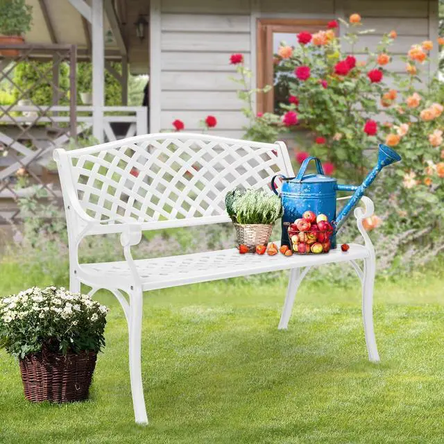 Alt view image 7 of 7 - VINGLI 40.5" Patio Garden Bench,Anti- Rust Cast Iron Cast Aluminum Frame for Outdoor Path Yard Lawn Work Entryway Decor Deck (White)
