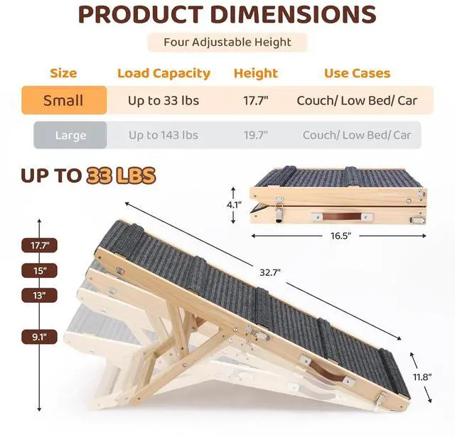 Alt view image 5 of 7 - VINGLI Dog Ramp for Bed, 33" Foldable Dog Steps for Couch Height Adjustable, Portable Pet Ramp for Car with Non-Slip Mat (33 inch)