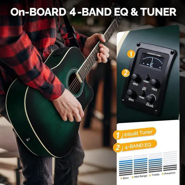Alt view image 3 of 7 - GLARRY Full Size 6 Strings Acoustic Electric Guitar Beginner Kit, Cutaway 41 Inch Electric Acoustic Guitar w/Inbuilt Tuner, Bag, Strap, Picks, Strings, Basswood Guitarra, Matte Distressed Green