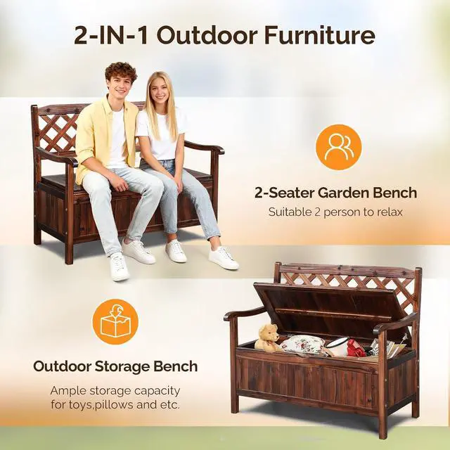 Alt view image 7 of 7 - VINGLI Outdoor Storage Bench, Large Wood Deck Box with Seating, Weatherproof Outdoor Bench with Storage Loveseat, 2-Person Wooden Patio Bench for Entryway, Backyard, Garden