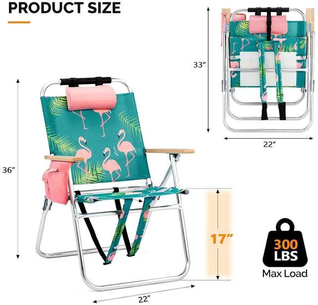 Alt view image 2 of 6 - VINGLI Aluminum 17" Backpack Beach Chair Tall Beach Chairs for Adults, Portable with Adjustable Straps, 3-Position Reclining, Cup Holder, High Lightweight Beach Chairs for Beach