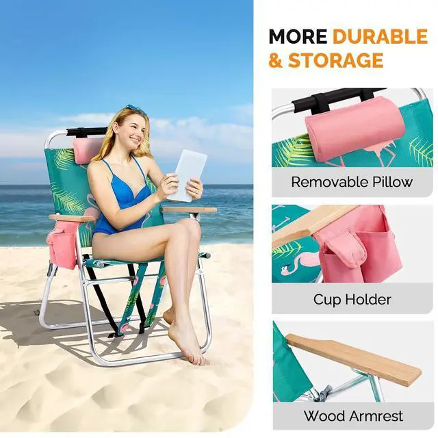 Alt view image 3 of 6 - VINGLI Aluminum 17" Backpack Beach Chair Tall Beach Chairs for Adults, Portable with Adjustable Straps, 3-Position Reclining, Cup Holder, High Lightweight Beach Chairs for Beach