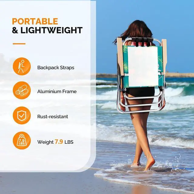 Alt view image 5 of 6 - VINGLI Aluminum 17" Backpack Beach Chair Tall Beach Chairs for Adults, Portable with Adjustable Straps, 3-Position Reclining, Cup Holder, High Lightweight Beach Chairs for Beach