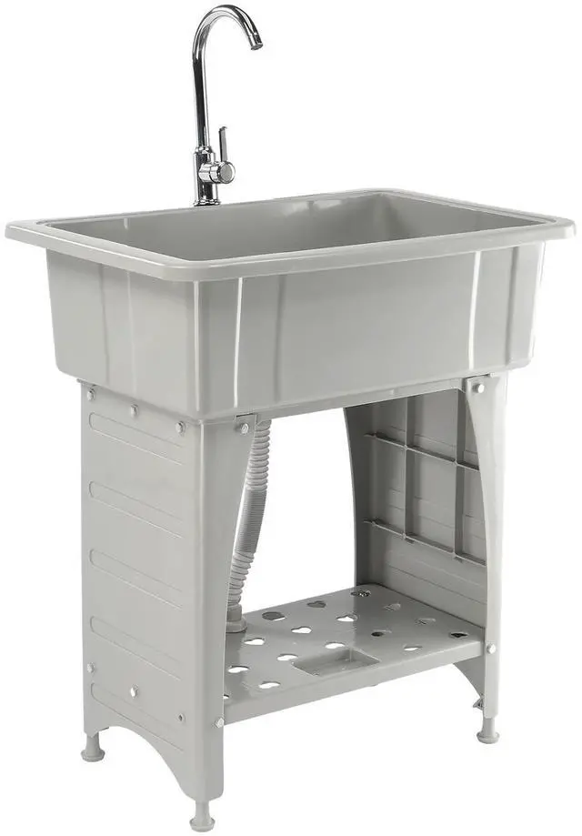 Main image of VINGLI Spacious White Utility Sink Laundry Tub for Laundry Room, Garage Washingt Slop Sink, Freestanding Sink with Stainless Steel Faucet, Drain, Storage Shelf and Removable Drainboard (Grey)