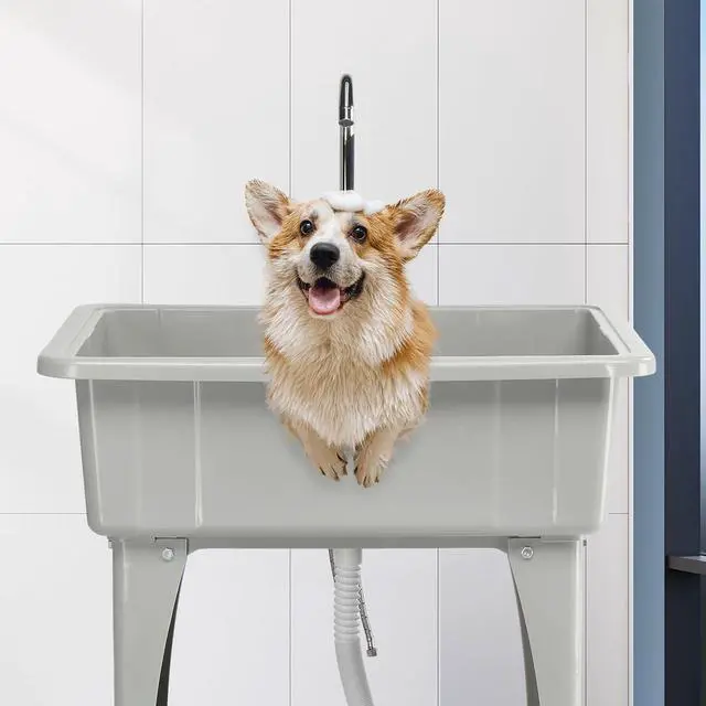 Alt view image 2 of 7 - VINGLI Spacious White Utility Sink Laundry Tub for Laundry Room, Garage Washingt Slop Sink, Freestanding Sink with Stainless Steel Faucet, Drain, Storage Shelf and Removable Drainboard (Grey)