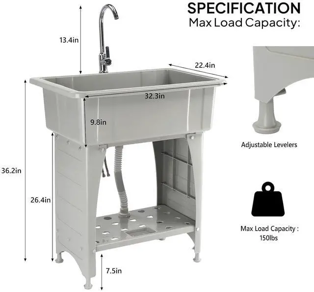Alt view image 3 of 7 - VINGLI Spacious White Utility Sink Laundry Tub for Laundry Room, Garage Washingt Slop Sink, Freestanding Sink with Stainless Steel Faucet, Drain, Storage Shelf and Removable Drainboard (Grey)