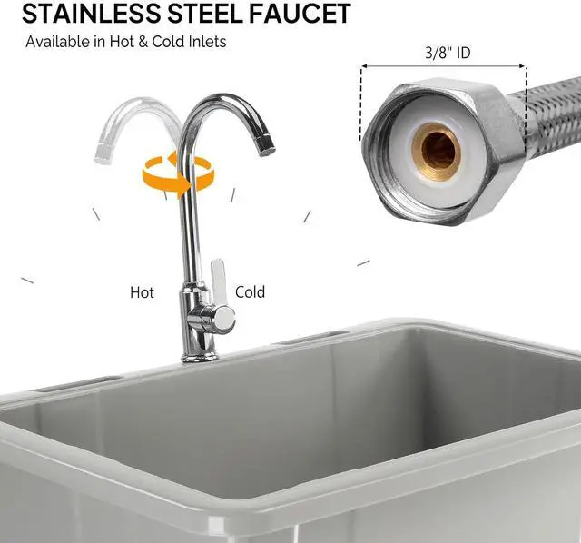 Alt view image 4 of 7 - VINGLI Spacious White Utility Sink Laundry Tub for Laundry Room, Garage Washingt Slop Sink, Freestanding Sink with Stainless Steel Faucet, Drain, Storage Shelf and Removable Drainboard (Grey)