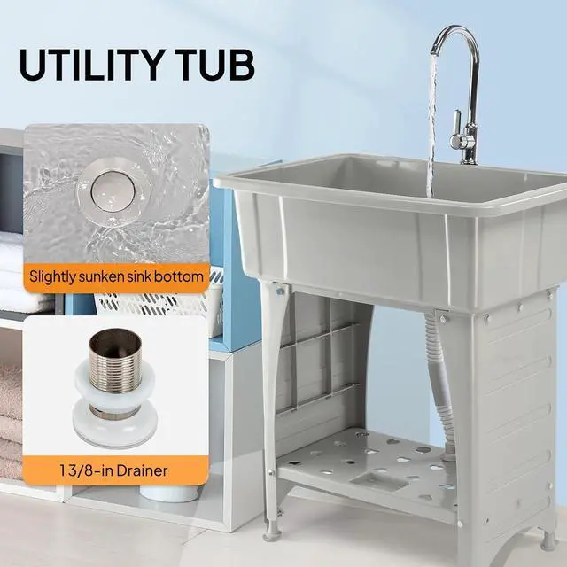 Alt view image 5 of 7 - VINGLI Spacious White Utility Sink Laundry Tub for Laundry Room, Garage Washingt Slop Sink, Freestanding Sink with Stainless Steel Faucet, Drain, Storage Shelf and Removable Drainboard (Grey)
