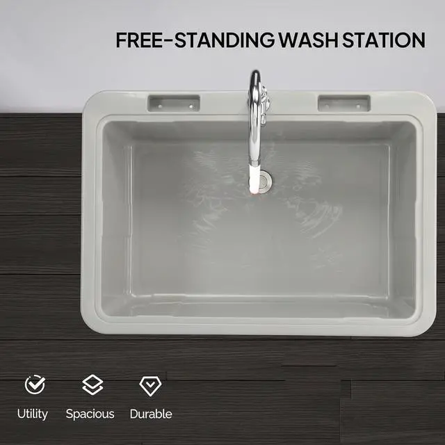 Alt view image 7 of 7 - VINGLI Spacious White Utility Sink Laundry Tub for Laundry Room, Garage Washingt Slop Sink, Freestanding Sink with Stainless Steel Faucet, Drain, Storage Shelf and Removable Drainboard (Grey)