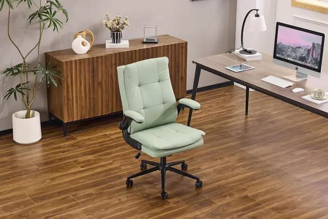 Alt view image 2 of 7 - VINGLI Comfy Green Leather Office Desk Chair, High-Back Support Ergonomic Computer Task Gaming Chair,with Removable wheels,360° Swivel,Adjustable Height,Flip-Up Arms,for Adults,Teen,Vanity,Home Office