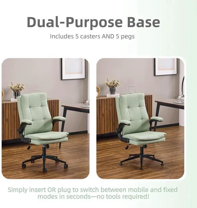 Alt view image 4 of 7 - VINGLI Comfy Green Leather Office Desk Chair, High-Back Support Ergonomic Computer Task Gaming Chair,with Removable wheels,360° Swivel,Adjustable Height,Flip-Up Arms,for Adults,Teen,Vanity,Home Office