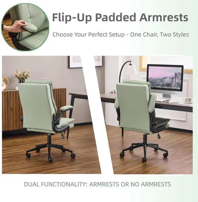 Alt view image 5 of 7 - VINGLI Comfy Green Leather Office Desk Chair, High-Back Support Ergonomic Computer Task Gaming Chair,with Removable wheels,360° Swivel,Adjustable Height,Flip-Up Arms,for Adults,Teen,Vanity,Home Office