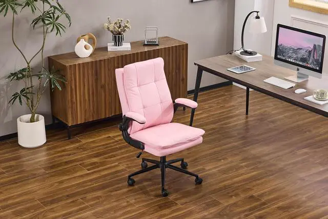 Alt view image 2 of 7 - VINGLI Comfy Pink Leather Office Desk Chair,High-Back Ergonomic Computer Small Gaming Chair with/No Wheels,Adjustable Height,Flip-Up Arms,360° Swivel for Vanity,Home Office,Adults,Teen,Girls&Women