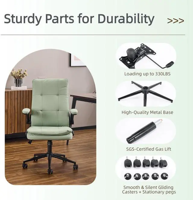 Alt view image 7 of 7 - VINGLI Comfy Green Leather Office Desk Chair, High-Back Support Ergonomic Computer Task Gaming Chair,with Removable wheels,360° Swivel,Adjustable Height,Flip-Up Arms,for Adults,Teen,Vanity,Home Office