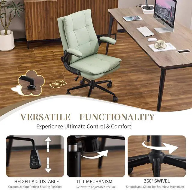 Alt view image 6 of 7 - VINGLI Comfy Green Leather Office Desk Chair, High-Back Support Ergonomic Computer Task Gaming Chair,with Removable wheels,360° Swivel,Adjustable Height,Flip-Up Arms,for Adults,Teen,Vanity,Home Office