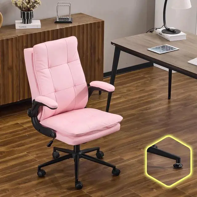 Main image of VINGLI Comfy Pink Leather Office Desk Chair,High-Back Ergonomic Computer Small Gaming Chair with/No Wheels,Adjustable Height,Flip-Up Arms,360° Swivel for Vanity,Home Office,Adults,Teen,Girls&Women