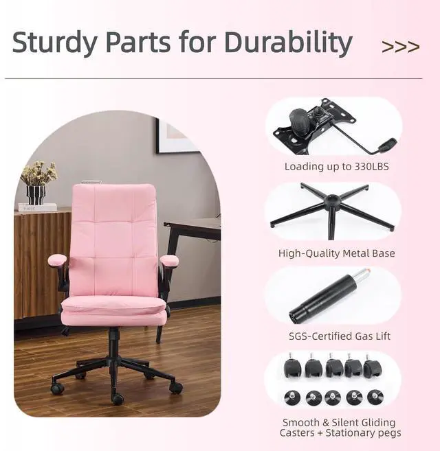 Alt view image 7 of 7 - VINGLI Comfy Pink Leather Office Desk Chair,High-Back Ergonomic Computer Small Gaming Chair with/No Wheels,Adjustable Height,Flip-Up Arms,360° Swivel for Vanity,Home Office,Adults,Teen,Girls&Women
