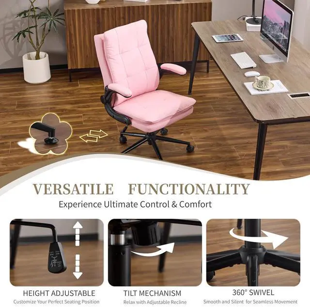 Alt view image 5 of 7 - VINGLI Comfy Pink Leather Office Desk Chair,High-Back Ergonomic Computer Small Gaming Chair with/No Wheels,Adjustable Height,Flip-Up Arms,360° Swivel for Vanity,Home Office,Adults,Teen,Girls&Women