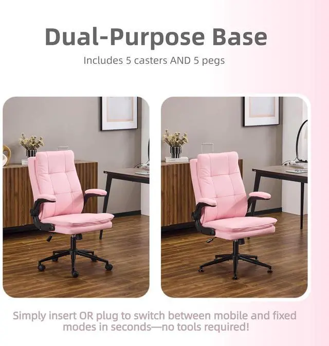 Alt view image 6 of 7 - VINGLI Comfy Pink Leather Office Desk Chair,High-Back Ergonomic Computer Small Gaming Chair with/No Wheels,Adjustable Height,Flip-Up Arms,360° Swivel for Vanity,Home Office,Adults,Teen,Girls&Women