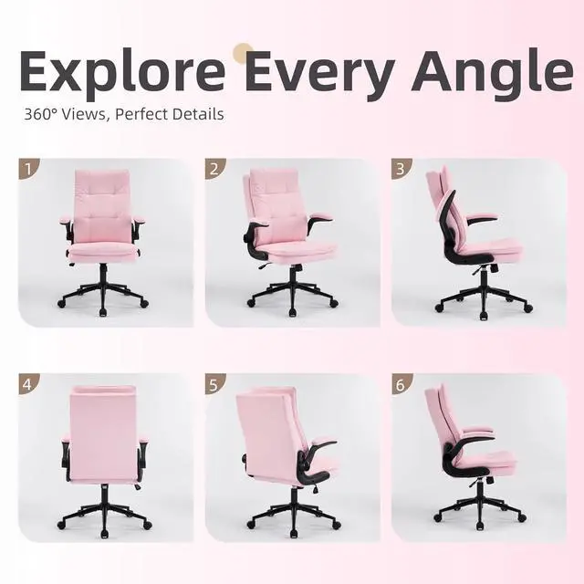 Alt view image 4 of 7 - VINGLI Comfy Pink Leather Office Desk Chair,High-Back Ergonomic Computer Small Gaming Chair with/No Wheels,Adjustable Height,Flip-Up Arms,360° Swivel for Vanity,Home Office,Adults,Teen,Girls&Women