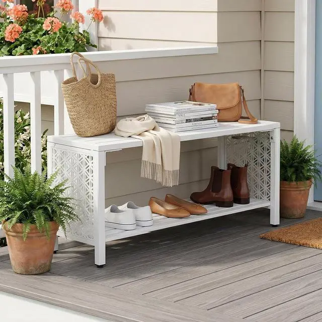 Alt view image 2 of 7 - VINGLI 40'' Outdoor Bench with Storage Shelf, 2-Tier Double Layer Metal Shoe Rack Bench with Floral Side Panel, All-Weather Small Porch Seat, 2-Person Entryway Benches for Patio Mudroom (White)