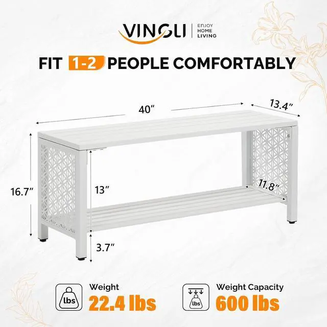 Alt view image 3 of 7 - VINGLI 40'' Outdoor Bench with Storage Shelf, 2-Tier Double Layer Metal Shoe Rack Bench with Floral Side Panel, All-Weather Small Porch Seat, 2-Person Entryway Benches for Patio Mudroom (White)