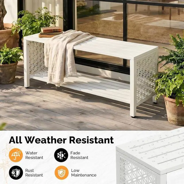 Alt view image 4 of 7 - VINGLI 40'' Outdoor Bench with Storage Shelf, 2-Tier Double Layer Metal Shoe Rack Bench with Floral Side Panel, All-Weather Small Porch Seat, 2-Person Entryway Benches for Patio Mudroom (White)