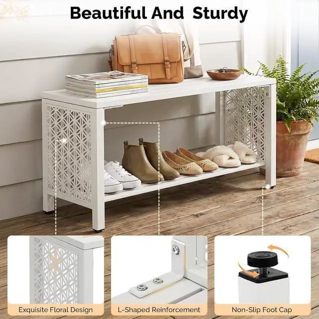 Alt view image 5 of 7 - VINGLI 40'' Outdoor Bench with Storage Shelf, 2-Tier Double Layer Metal Shoe Rack Bench with Floral Side Panel, All-Weather Small Porch Seat, 2-Person Entryway Benches for Patio Mudroom (White)