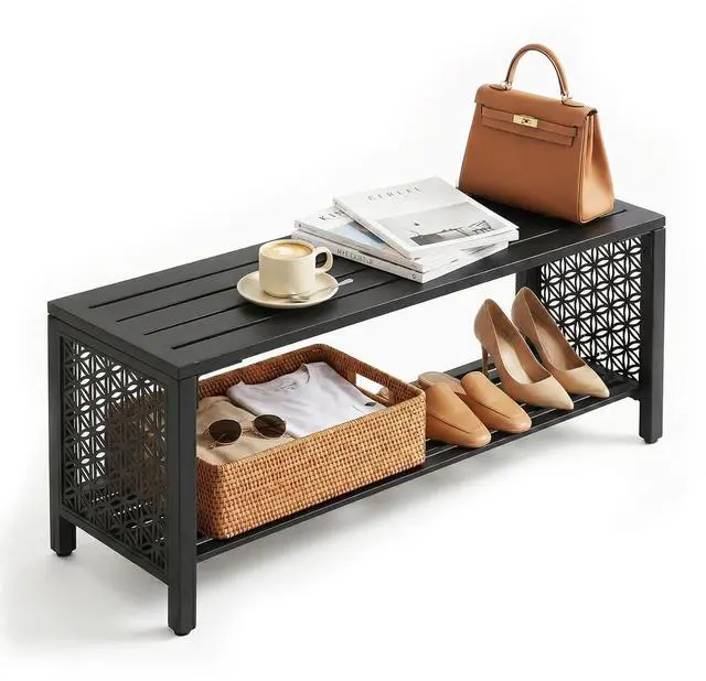 Main image of VINGLI 40'' Outdoor Bench with Storage Shelf, 2-Tier Double Layer Metal Shoe Rack Bench with Floral Side Panel, All-Weather Small Porch Seat, 2-Person Entryway Benches for Patio Mudroom (Black)