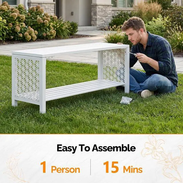 Alt view image 6 of 7 - VINGLI 40'' Outdoor Bench with Storage Shelf, 2-Tier Double Layer Metal Shoe Rack Bench with Floral Side Panel, All-Weather Small Porch Seat, 2-Person Entryway Benches for Patio Mudroom (White)