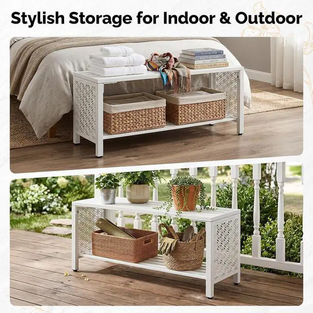 Alt view image 7 of 7 - VINGLI 40'' Outdoor Bench with Storage Shelf, 2-Tier Double Layer Metal Shoe Rack Bench with Floral Side Panel, All-Weather Small Porch Seat, 2-Person Entryway Benches for Patio Mudroom (White)