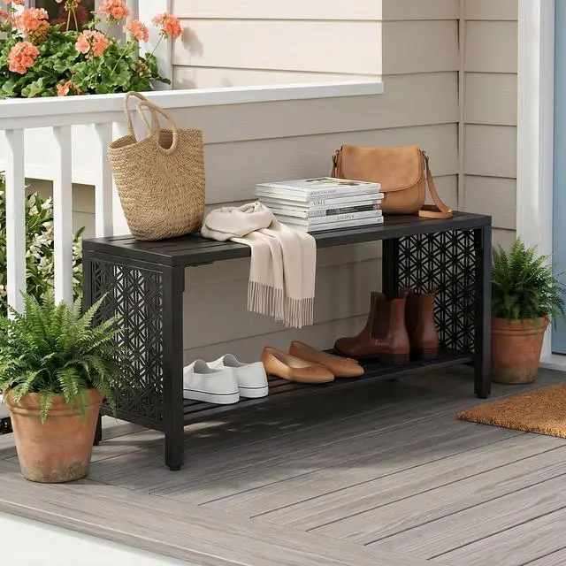 Alt view image 2 of 7 - VINGLI 40'' Outdoor Bench with Storage Shelf, 2-Tier Double Layer Metal Shoe Rack Bench with Floral Side Panel, All-Weather Small Porch Seat, 2-Person Entryway Benches for Patio Mudroom (Black)