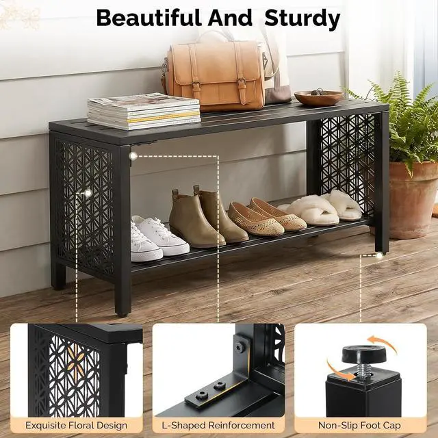 Alt view image 5 of 7 - VINGLI 40'' Outdoor Bench with Storage Shelf, 2-Tier Double Layer Metal Shoe Rack Bench with Floral Side Panel, All-Weather Small Porch Seat, 2-Person Entryway Benches for Patio Mudroom (Black)