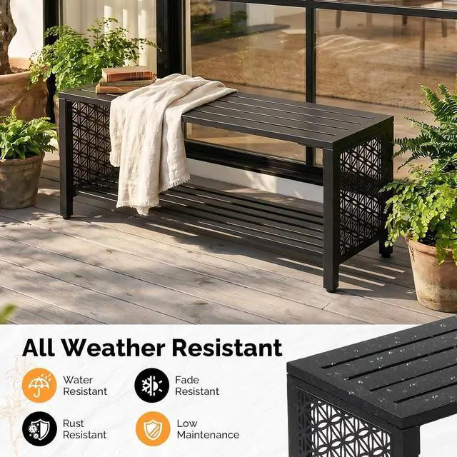 Alt view image 4 of 7 - VINGLI 40'' Outdoor Bench with Storage Shelf, 2-Tier Double Layer Metal Shoe Rack Bench with Floral Side Panel, All-Weather Small Porch Seat, 2-Person Entryway Benches for Patio Mudroom (Black)