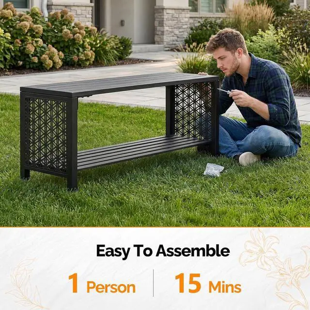 Alt view image 6 of 7 - VINGLI 40'' Outdoor Bench with Storage Shelf, 2-Tier Double Layer Metal Shoe Rack Bench with Floral Side Panel, All-Weather Small Porch Seat, 2-Person Entryway Benches for Patio Mudroom (Black)