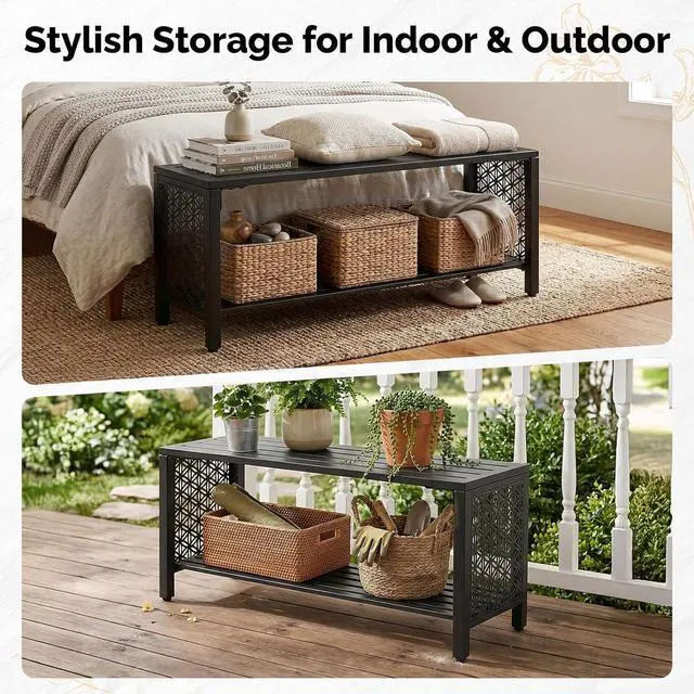 Alt view image 7 of 7 - VINGLI 40'' Outdoor Bench with Storage Shelf, 2-Tier Double Layer Metal Shoe Rack Bench with Floral Side Panel, All-Weather Small Porch Seat, 2-Person Entryway Benches for Patio Mudroom (Black)