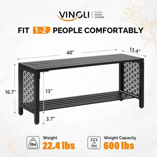 Alt view image 3 of 7 - VINGLI 40'' Outdoor Bench with Storage Shelf, 2-Tier Double Layer Metal Shoe Rack Bench with Floral Side Panel, All-Weather Small Porch Seat, 2-Person Entryway Benches for Patio Mudroom (Black)